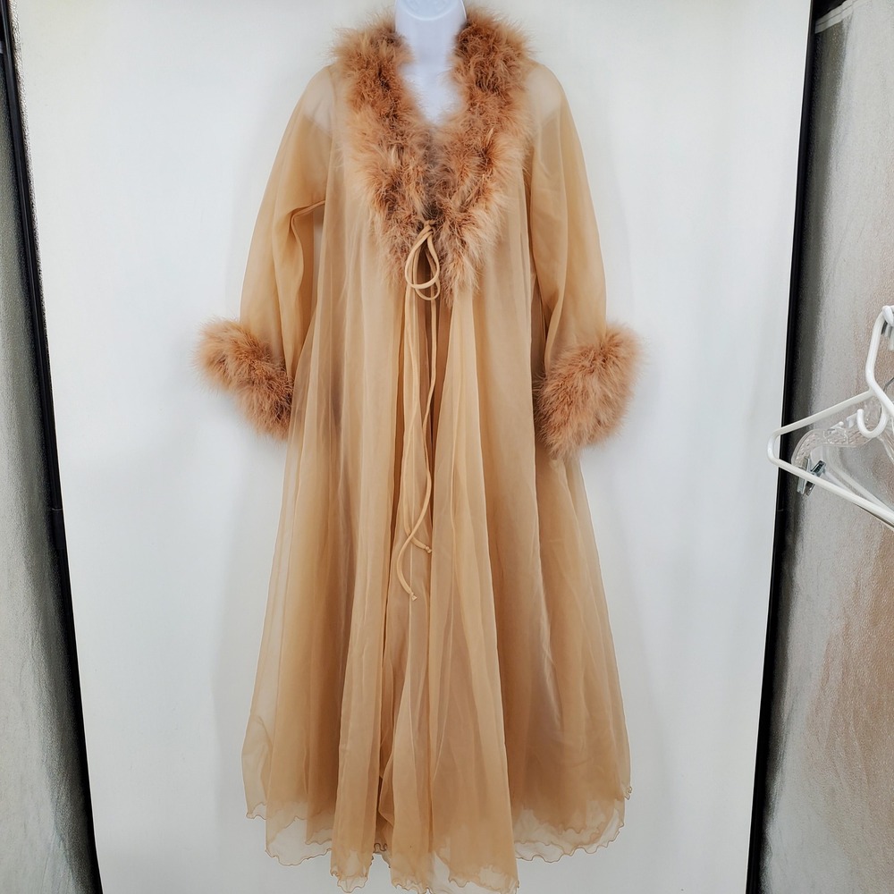 Vintage Intime California Peignoir Set Feather Trim Sheer Maxi Gown Robe Regency